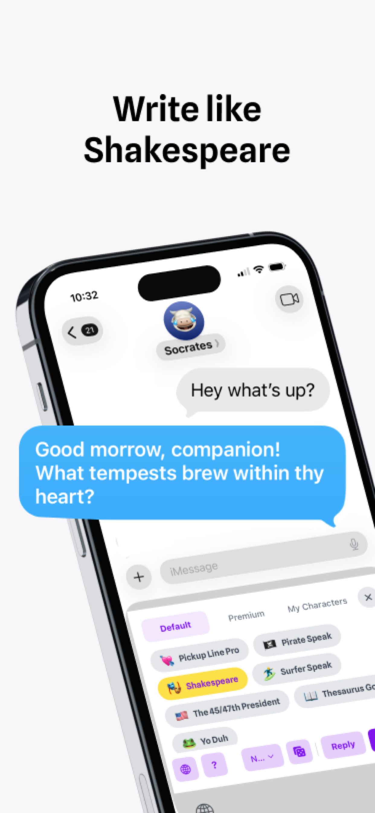CharaKey AI keyboard showing 50+ character voices for iPhone